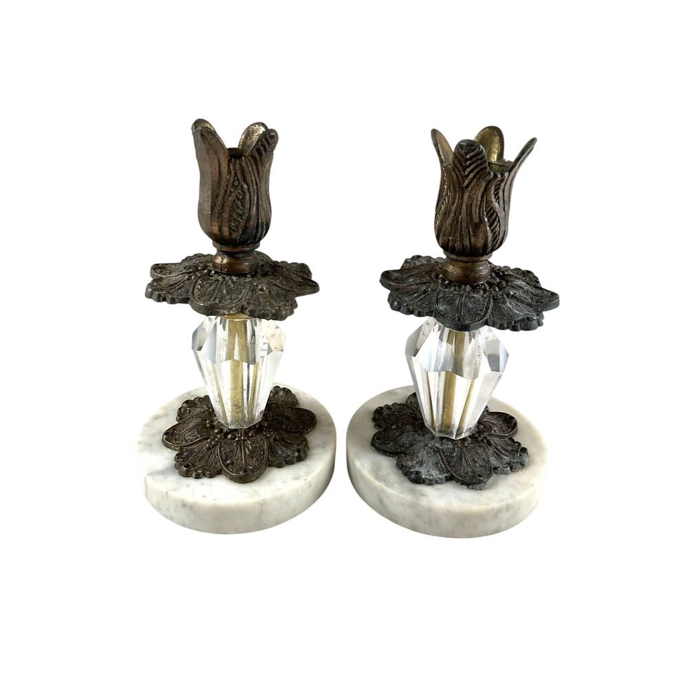Marble Candlestick Holders Bronze A.B. Moulds Intricate Floral Pair 7" Vintage